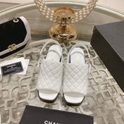 Double C  Chunky Heel Peep-Toe Open Sandals White Lambskin