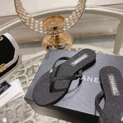 Double CC Rhinestone Flip  Flop Thongs Black Sheepskin