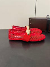 ALAIA BALLET FLATS IN CHERRY RED MESH FISHNET WITH GOLD HARDWARE