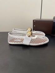ALAIA BALLET FLATS IN WHITE MESH FISHNET WITH GOLD HARDWARE