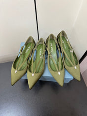 CUT-OUT BALLERINA FLAT IN OLIVE GREEN SATIN ATTACHED BEAD BUCKLE