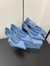 CUT-OUT BALLERINA FLAT IN PERANO BLUE SATIN ATTACHED BEAD BUCKLE