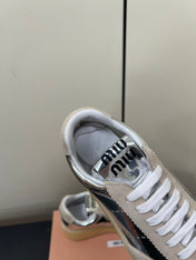 THICK-SOLED RETRO SNEAKERS IN SILVER METALLIC LAMBSKIN AND BEIGE SUEDE