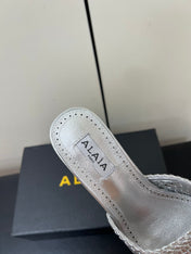 ALAIA HIGH HEEL 25S 70 MM IN SILVER LAMBSKIN WITH WOVEN PATTERN