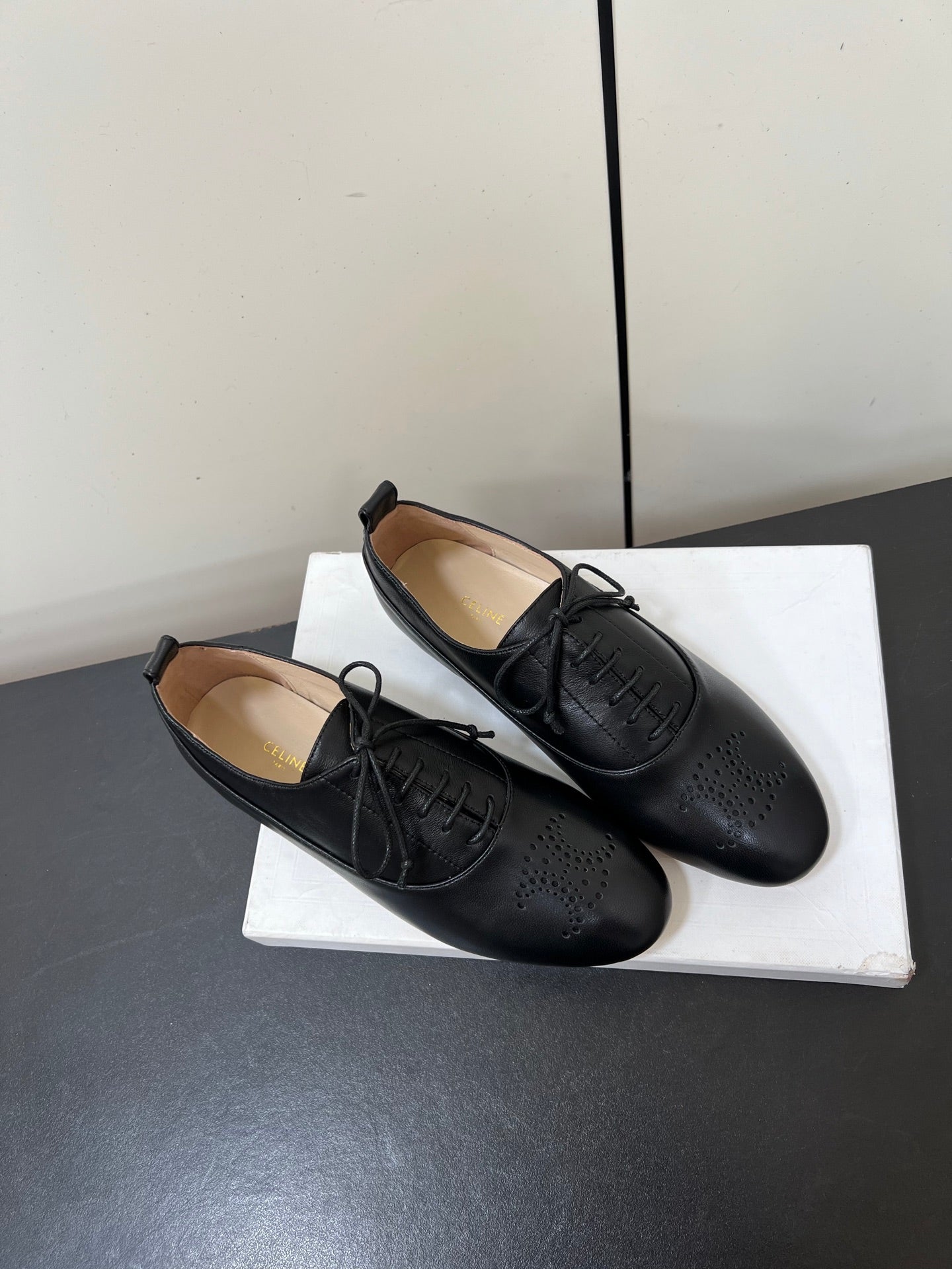CELINE 26S MINIMAL LACE-UP SHOES IN BLACK CALFSKIN