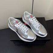 PRADA 26S SNEAKERS IN SILVER CALFSKIN AND WHITE MESH