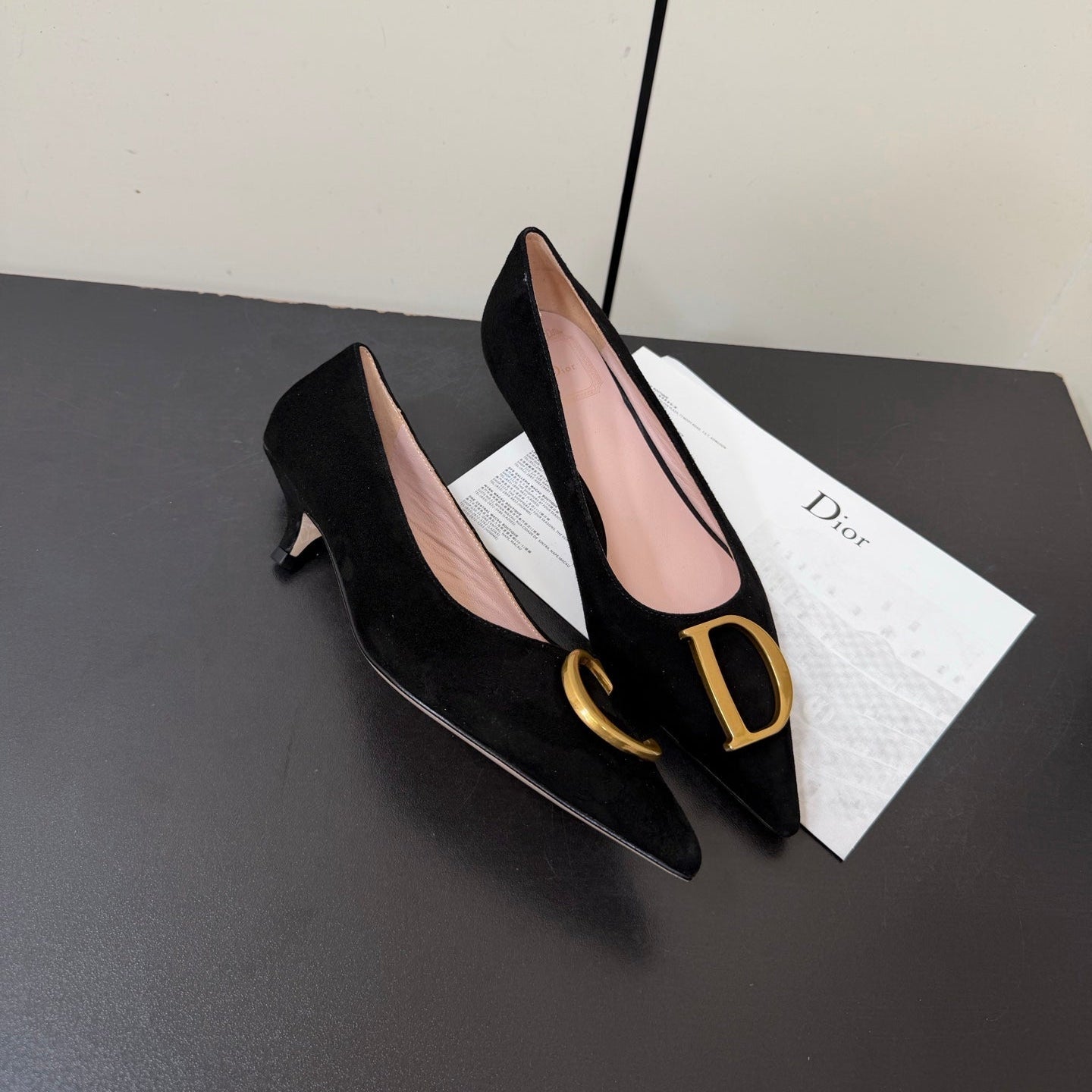 DIOR 26S POINTED-TOE HIGH HEELS 35MM IN BLACK SUEDE GOLD HARDWARE