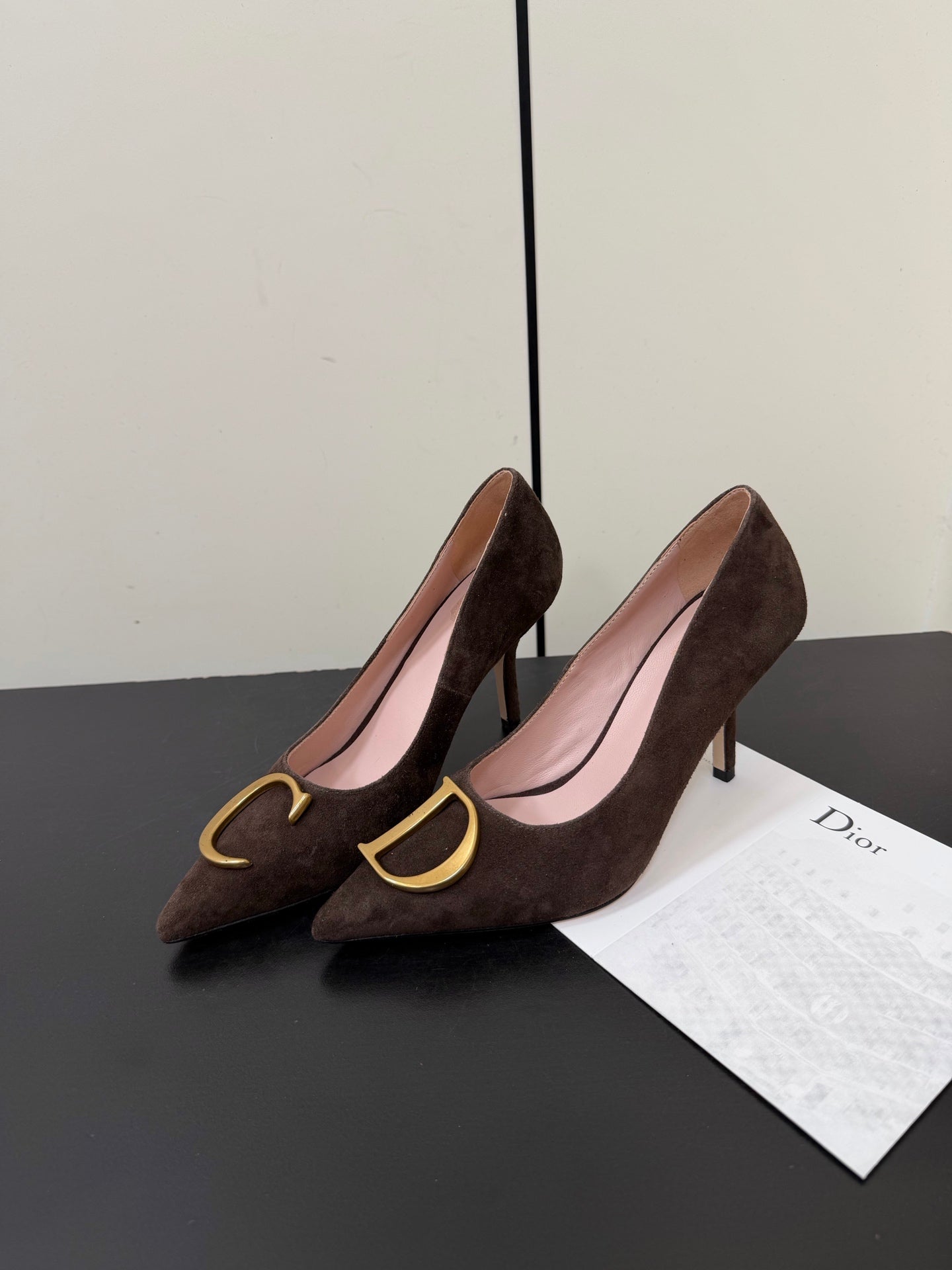 DIOR 26S POINTED-TOE HIGH HEELS 70MM IN DARK BROWN SUEDE GOLD HARDWARE