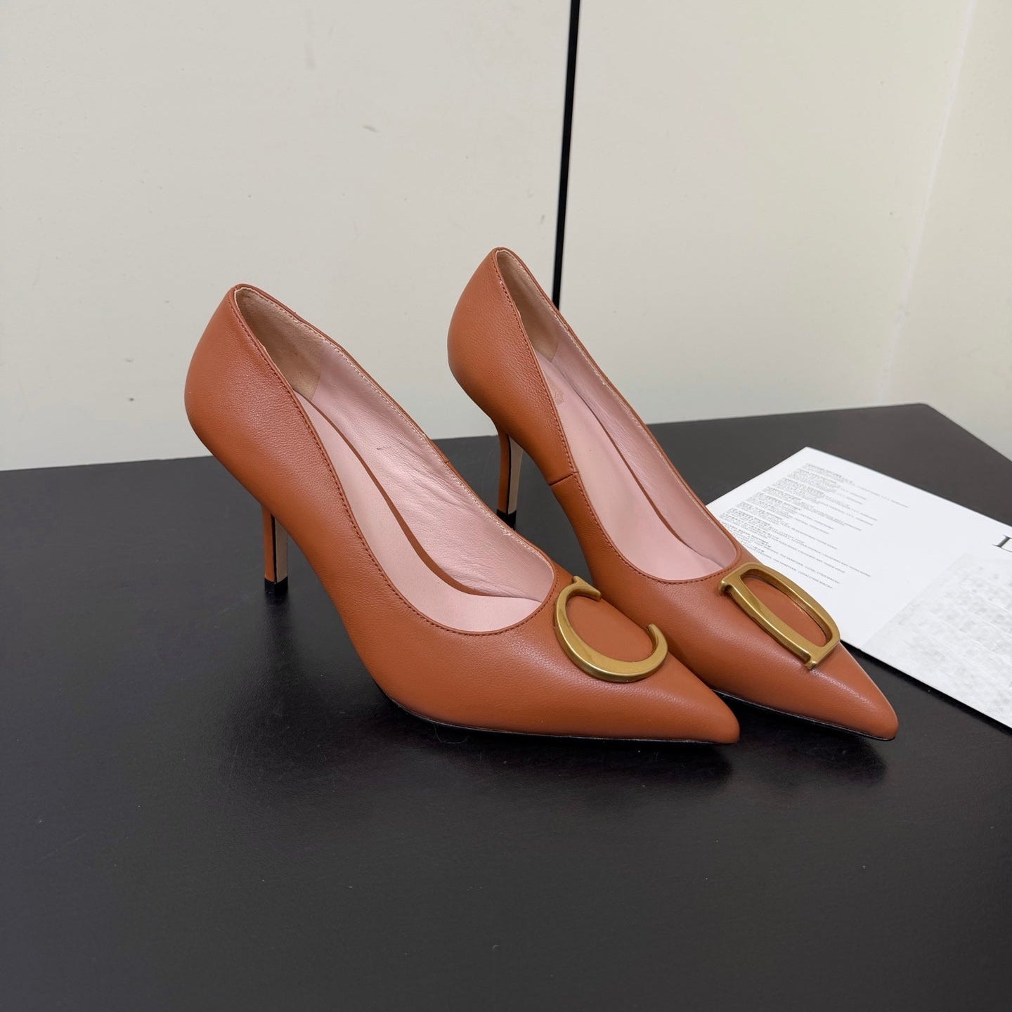 DIOR 26S POINTED-TOE HIGH HEELS 70MM IN RUST BROWN CALFSKIN GOLD HARDWARE