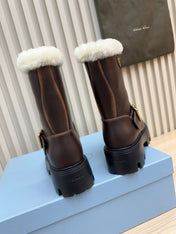 PRADA 25S MARTIN BOOTS IN DARK BROWN CALFSKIN FUR-LINED