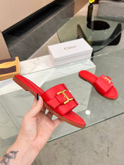 HLOE MARCIE SLIDE IN CHERRY RED CALFSKIN WITH GOLD HARDWARE
