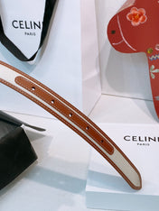 CELINE 26S BELT 25 MM IN WHITE CANVAS AND BROWN CALFSKIN 631593