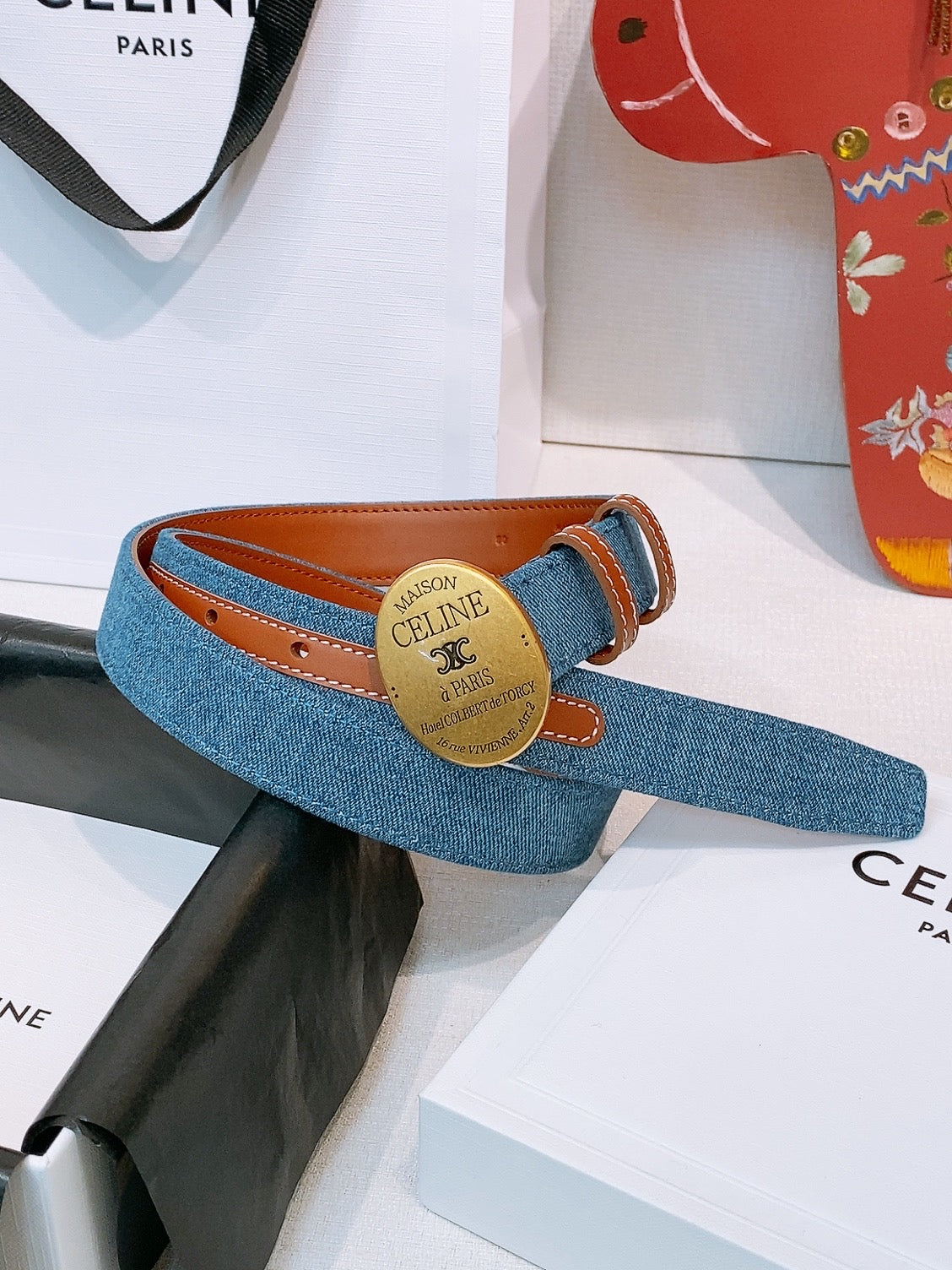 CELINE 26S BELT 25 MM IN BLUE DENIM AND BROWN CALFSKIN 631595