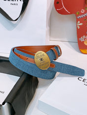 CELINE 26S BELT 25 MM IN BLUE DENIM AND BROWN CALFSKIN 631595
