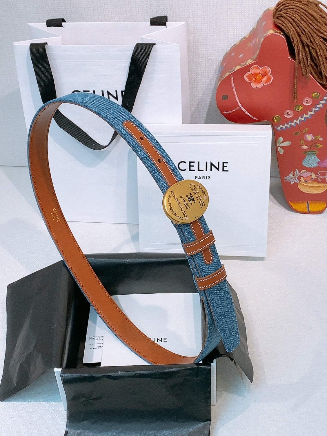 CELINE 26S BELT 25 MM IN BLUE DENIM AND BROWN CALFSKIN 631595