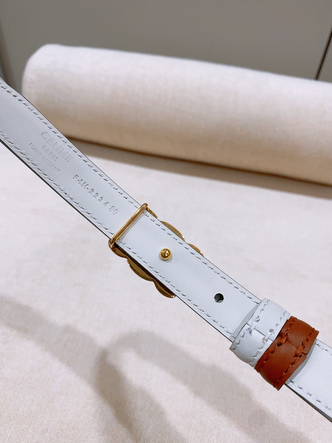 CELINE 26S REVERSIBLE BELT 18 MM IN WHITE AND BROWN CALFSKIN 656088