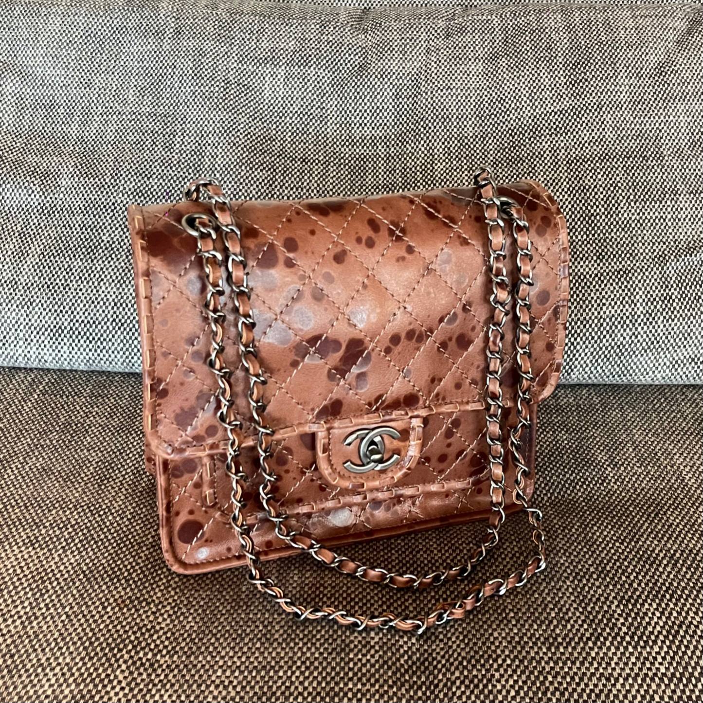 CHANEL 26S CLASSIC FLAP BAG 26 IN BROWN SPLATTER PRINT CALFSKIN DARK SILVER HARDWARE