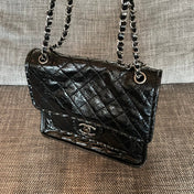 CHANEL 26S CLASSIC FLAP BAG 26 IN BLACK AGED CRINKLED CALFSKIN DARK SILVER HARDWARE