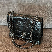 CHANEL 26S CLASSIC FLAP BAG 26 IN BLACK AGED CRINKLED CALFSKIN DARK SILVER HARDWARE