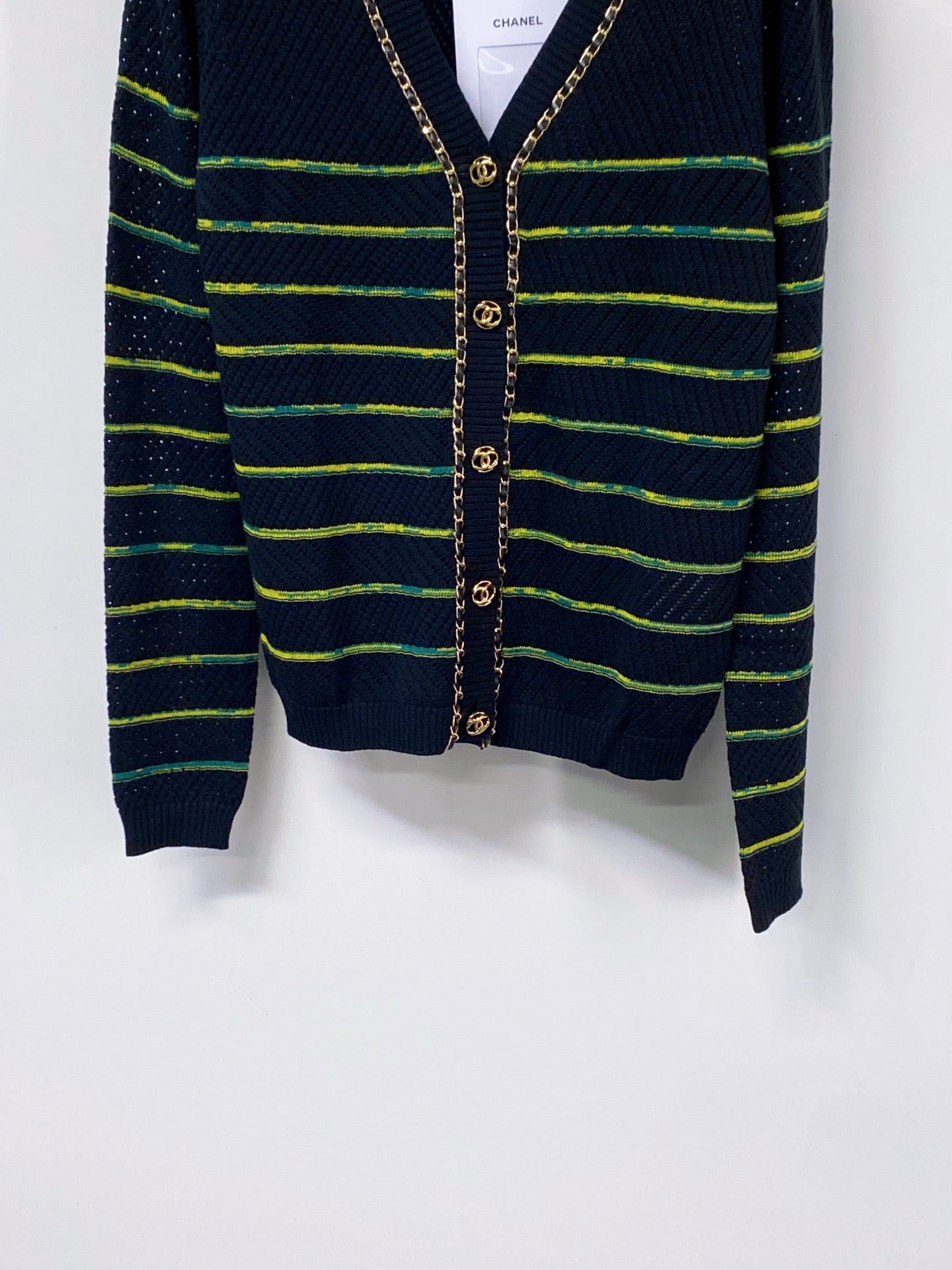 CHANEL 26S STRIPED V-NECK KNIT CARDIGAN 1520