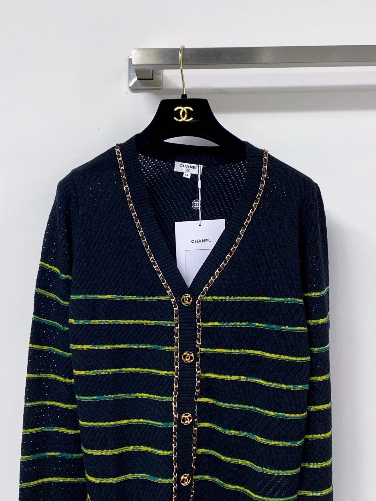 CHANEL 26S STRIPED V-NECK KNIT CARDIGAN 1520