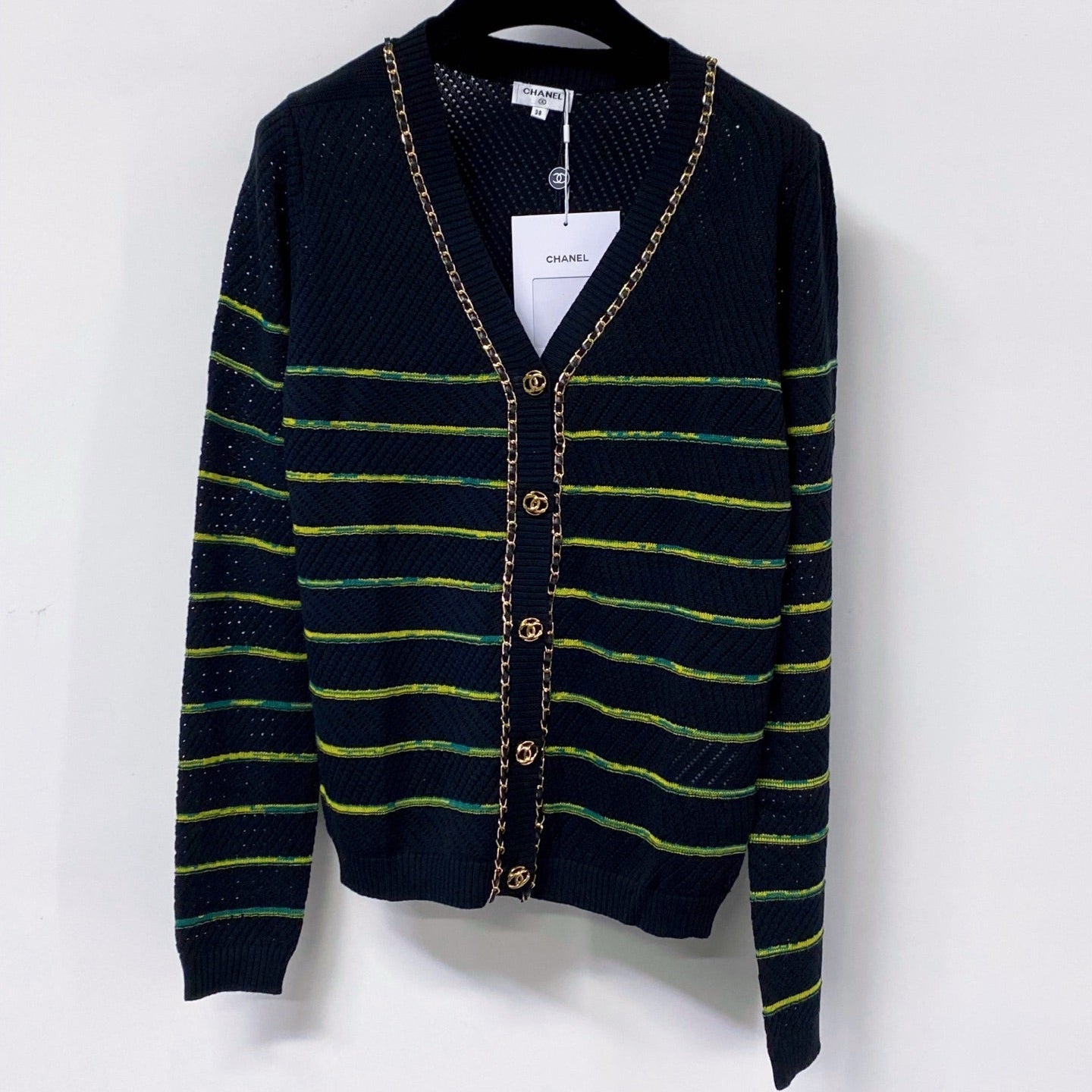 CHANEL 26S STRIPED V-NECK KNIT CARDIGAN 1520