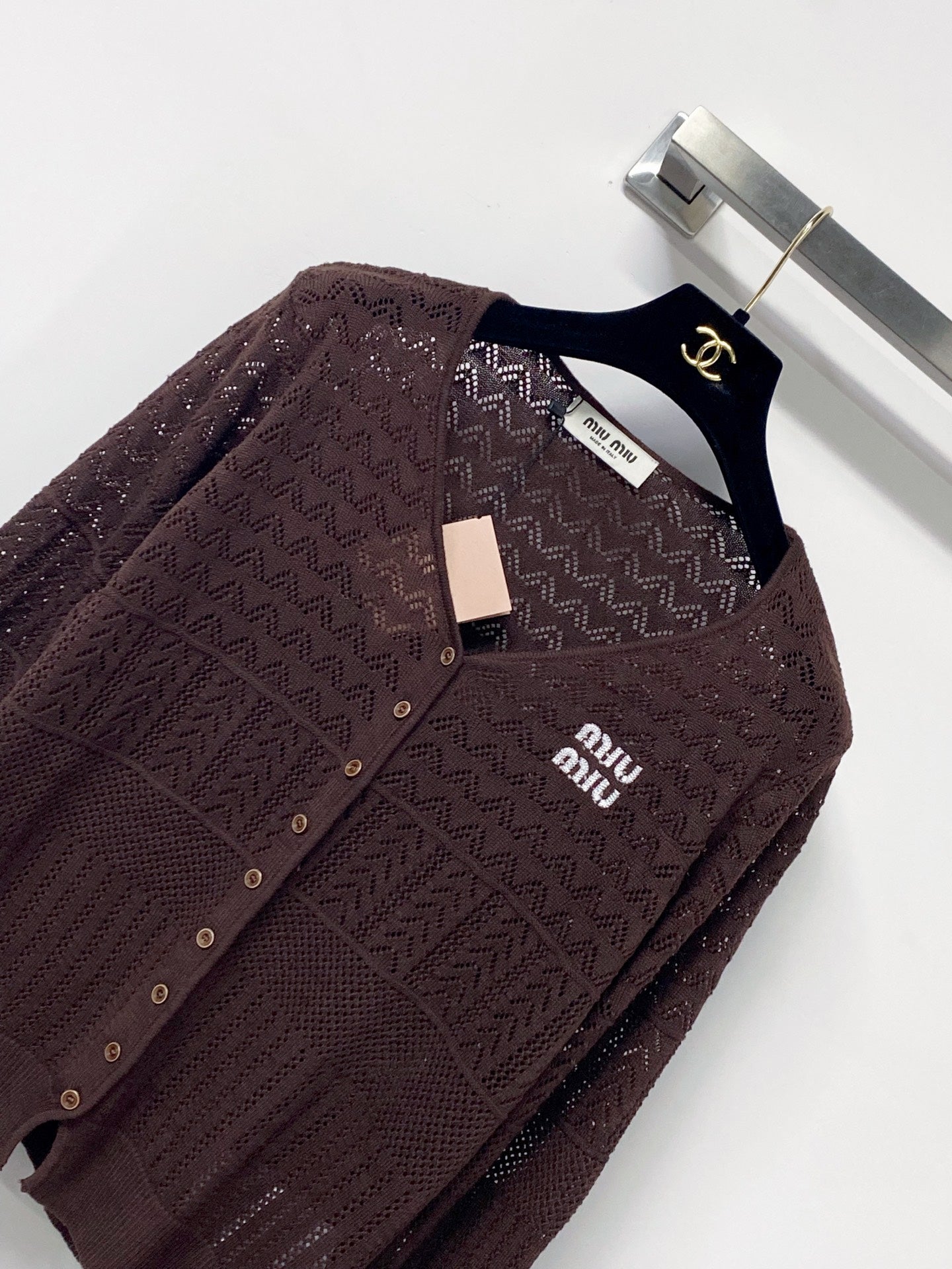 MIUMIU 26S V-NECK OPENWORK KNIT CARDIGAN 1290