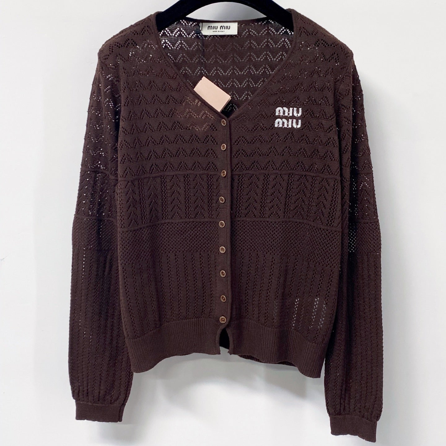 MIUMIU 26S V-NECK OPENWORK KNIT CARDIGAN 1290