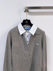 PRADA 26S V-NECK KNIT TOP WITH SHIRT COLLAR 1314