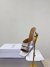 DIOR 26S KITTEN HEEL MULE SANDALS IN SILVER CALFSKIN WITH LOGO