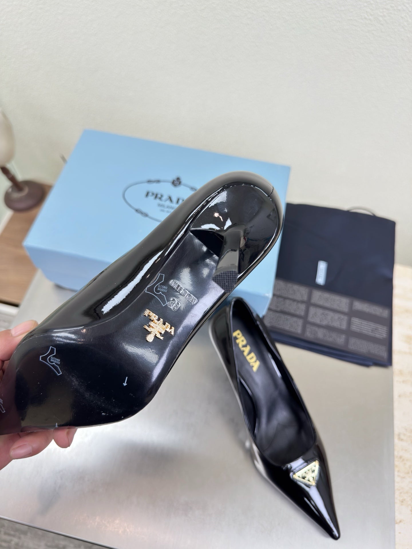 PRADA 26S POINTED TOE PUMPS 75MM IN BLACK PATENT CALFSKIN
