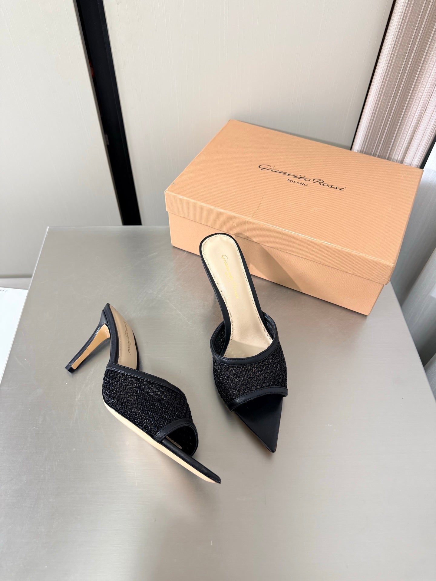 GIANVITO ROSSI 26S POINTED-TOE SANDALS 90 MM IN BLACK LAMBSKIN
