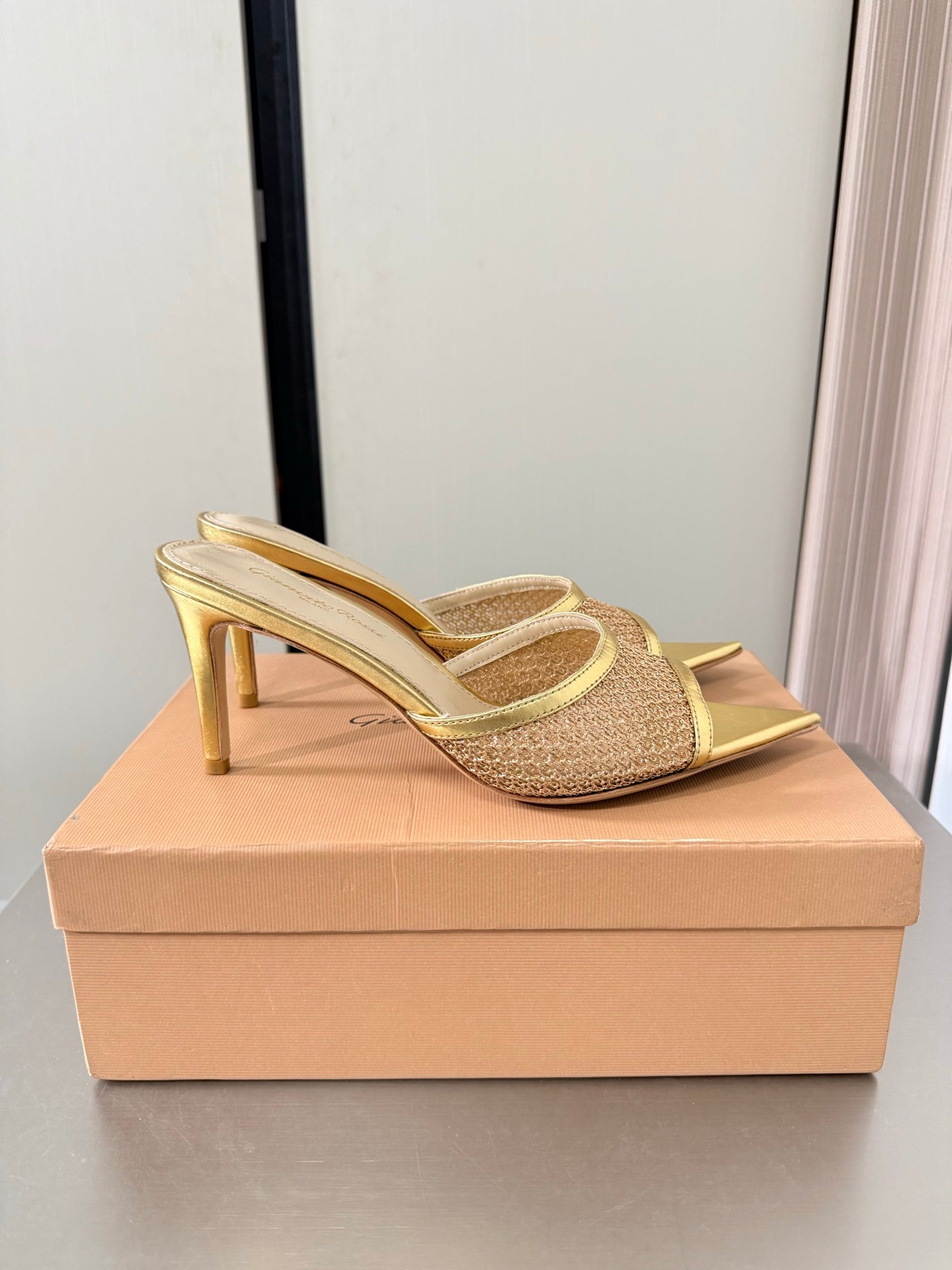 GIANVITO ROSSI 26S POINTED-TOE SANDALS 90 MM IN GOLD LAMBSKIN