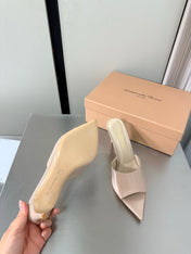 GIANVITO ROSSI 26S POINTED-TOE SANDALS 90 MM IN BEIGE PATENT CALFSKIN