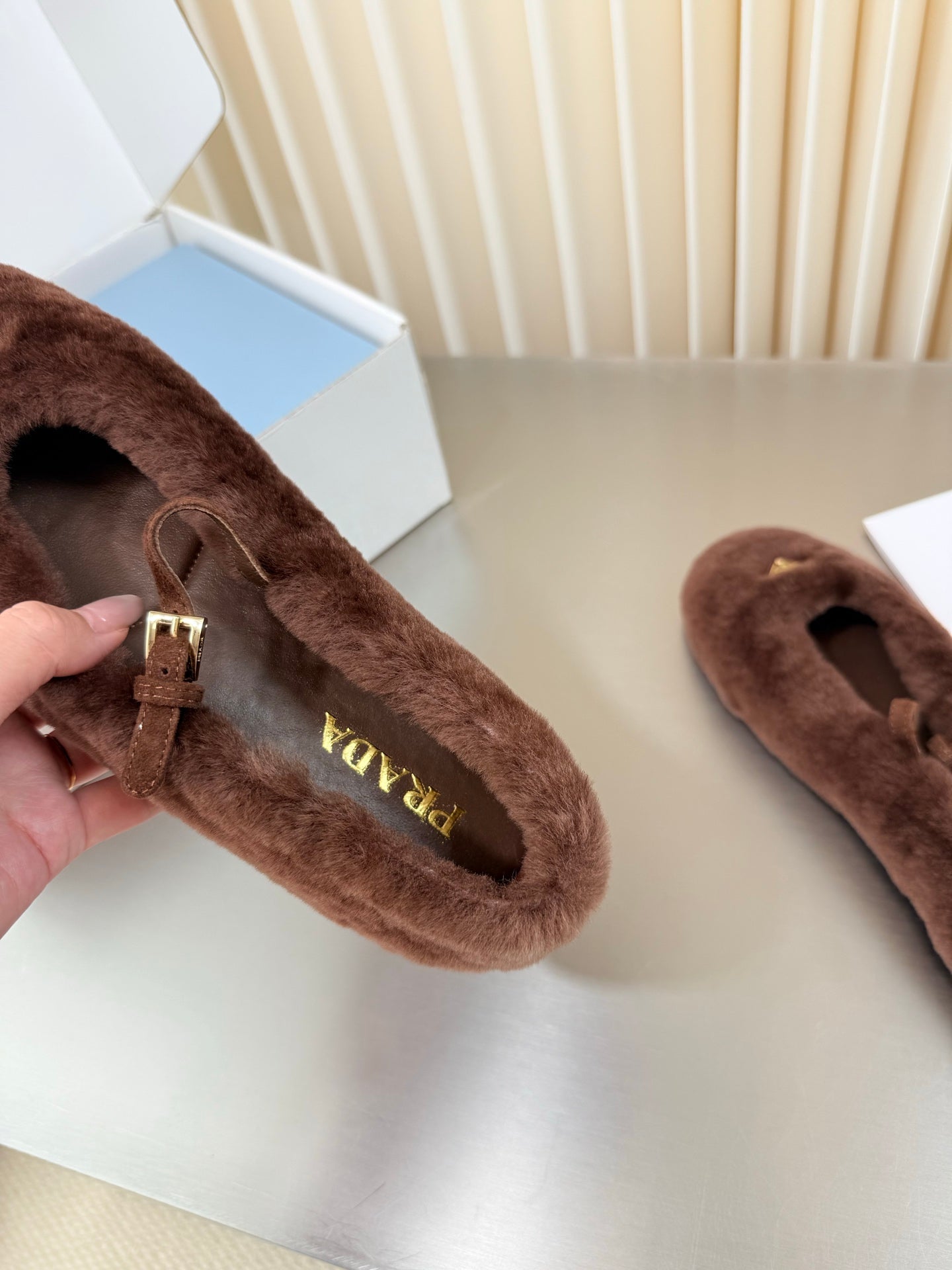 PRADA 26S MARY JANE BALLET IN DARK BROWN SHEARLING