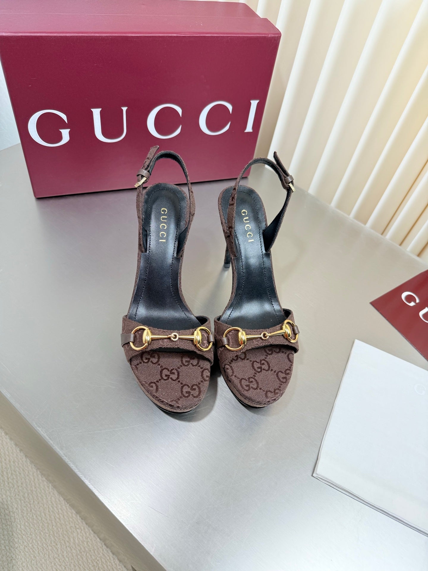 GUCCI 26S SLINGBACK PUMP 105 MM IN DARK BROWN GG CANVAS