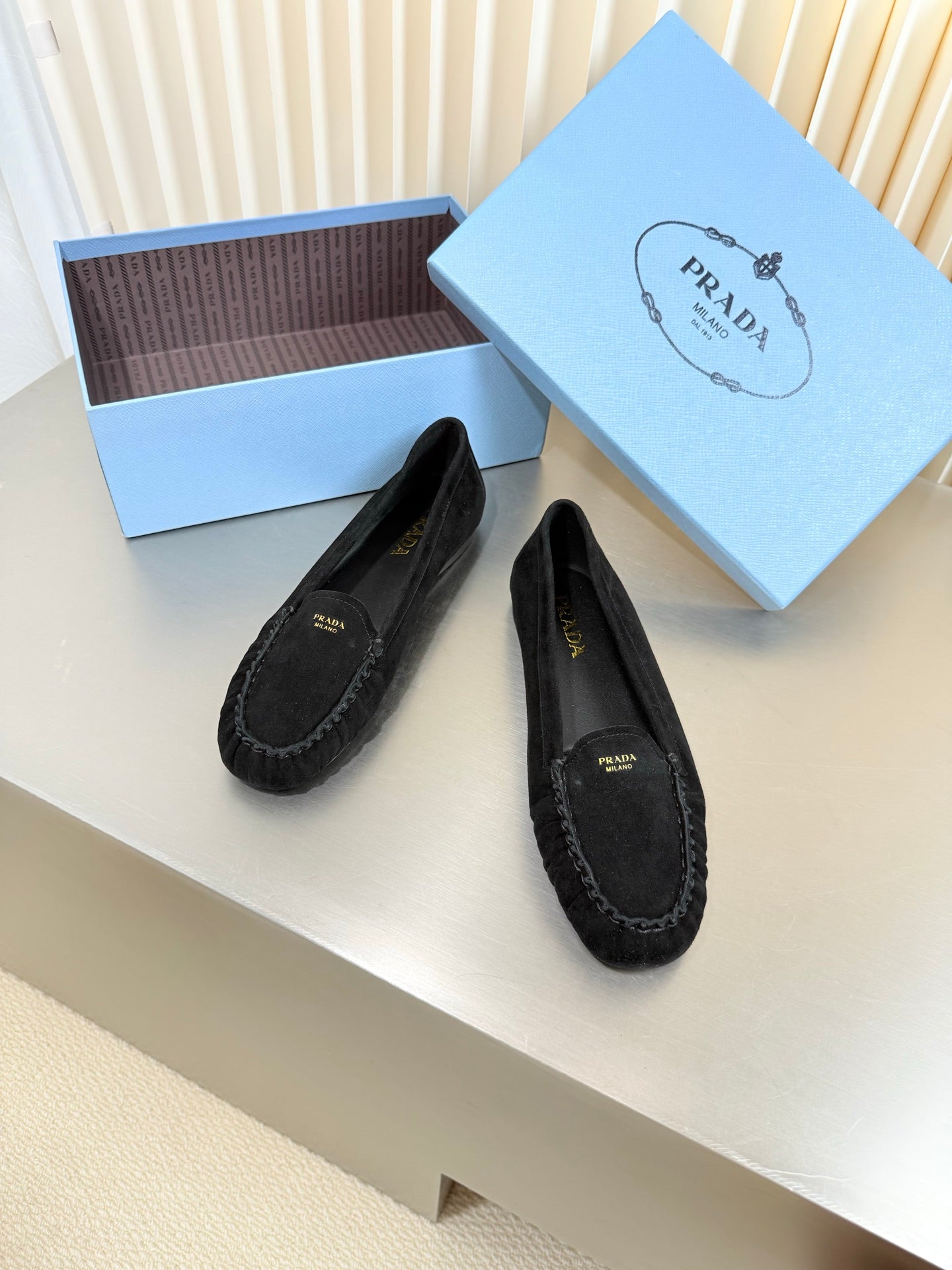 PRADA 26S CLASSIC LOAFERS IN BLACK SUEDE