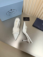PRADA 26S POINTED-TOE SLINGBACK PUMPS IN WHITE PATENT CALFSKIN WITH BOW