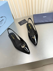 PRADA 26S SLINGBACK FLATS IN BLACK PATENT CALFSKIN WITH GOLD HARDWARE