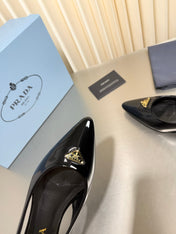 PRADA 26S SLINGBACK FLATS IN BLACK PATENT CALFSKIN WITH GOLD HARDWARE