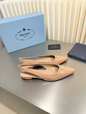 PRADA 26S SLINGBACK FLATS IN BEIGE PATENT CALFSKIN WITH GOLD HARDWARE