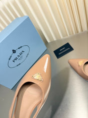 PRADA 26S SLINGBACK FLATS IN BEIGE PATENT CALFSKIN WITH GOLD HARDWARE