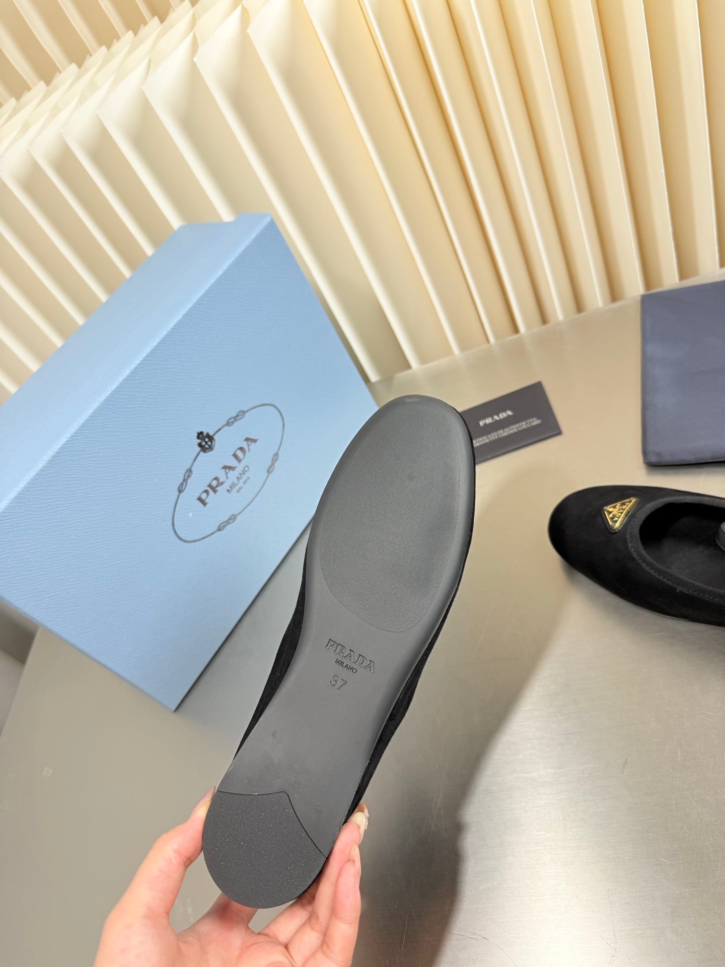 PRADA 26S MARY JANE FLATS IN BLACK SUEDE