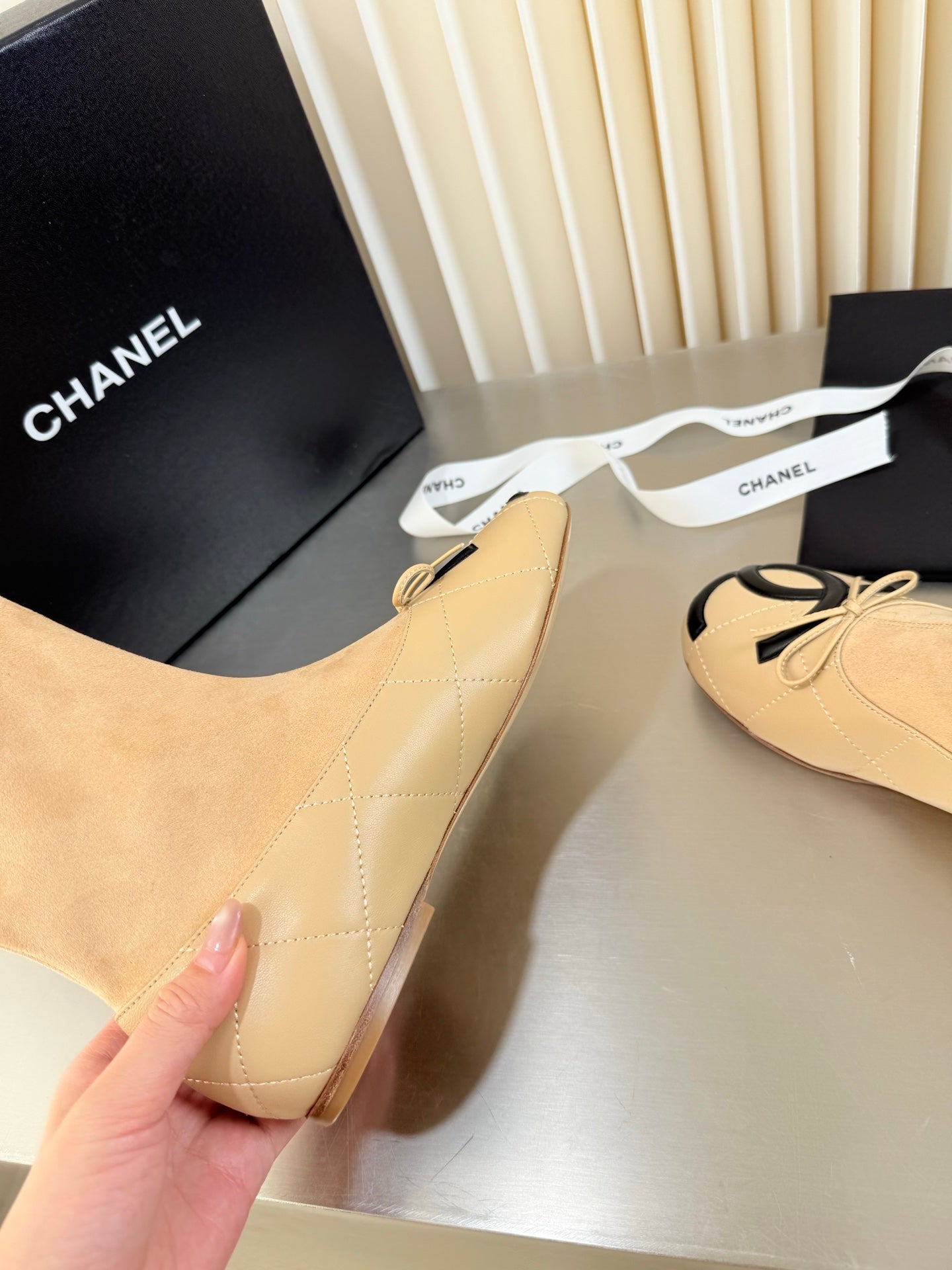 CHANEL 26S ANKLE BOOTS IN BEIGE CALFSKIN AND SUEDE SQUARE TOE