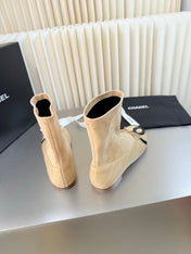 CHANEL 26S ANKLE BOOTS IN BEIGE CALFSKIN AND SUEDE SQUARE TOE
