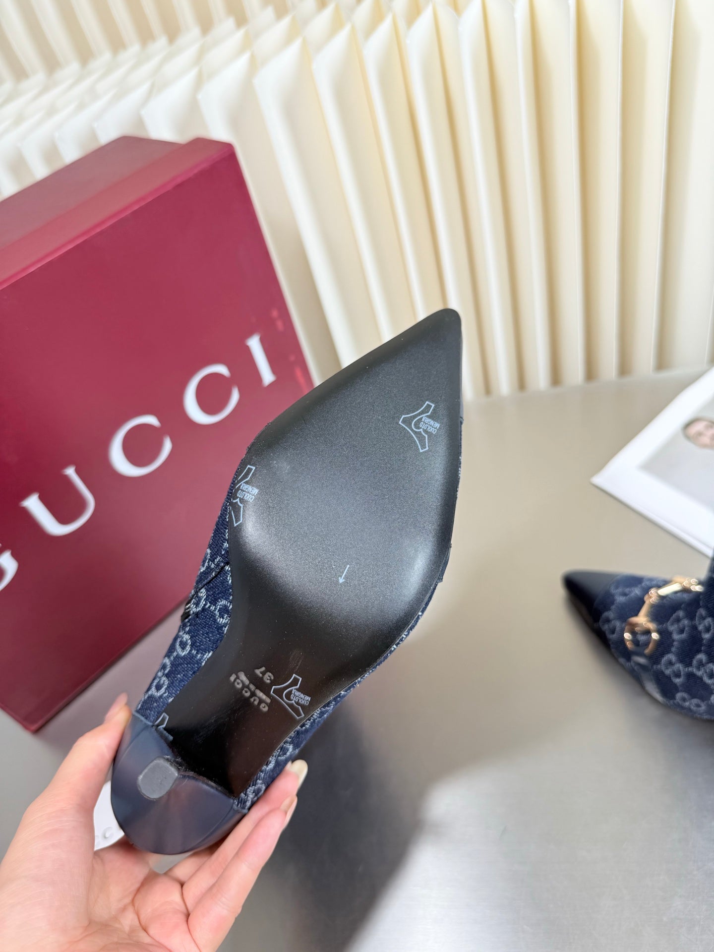 GUCCI 26S HORSEBIT BOOTS 105 MM IN NAVY BLUE DENIM AND LEATHER
