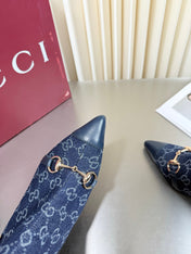 GUCCI 26S HORSEBIT BOOTS 105 MM IN NAVY BLUE DENIM AND LEATHER
