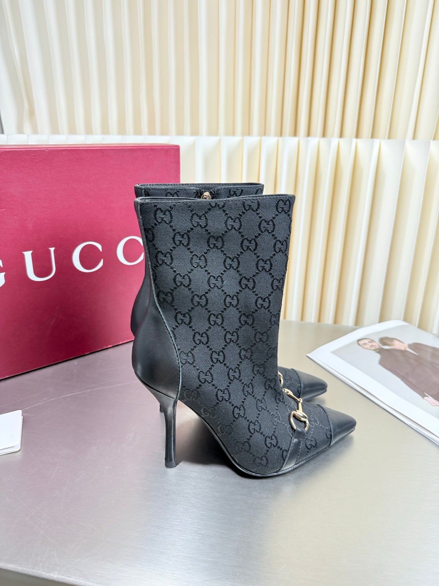 GUCCI 26S HORSEBIT BOOTS 105 MM IN BLACK LEATHER AND CANVAS