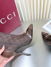 GUCCI 26S HORSEBIT BOOTS 105 MM IN DARK BROWN LEATHER AND CANVAS