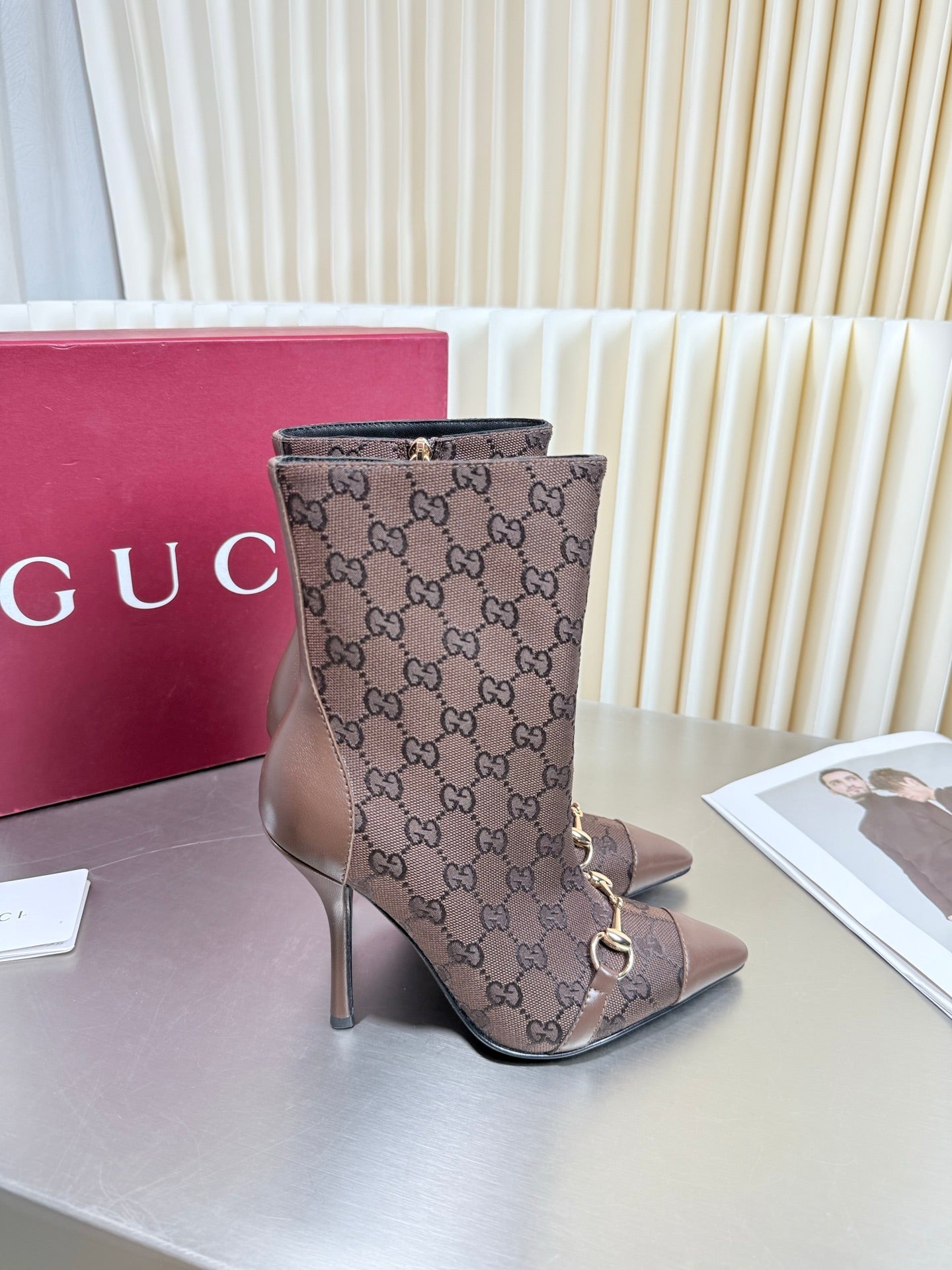 GUCCI 26S HORSEBIT BOOTS 105 MM IN DARK BROWN LEATHER AND CANVAS